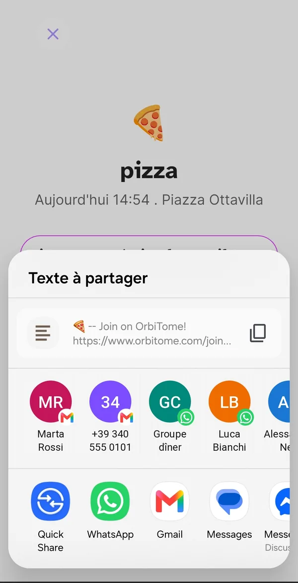 Feuille de partage du lien de l'événement
