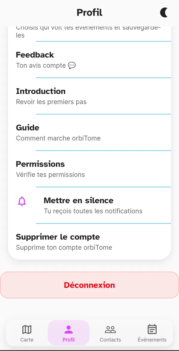 Entrées du profil : guide, autorisations, notifications, suppression