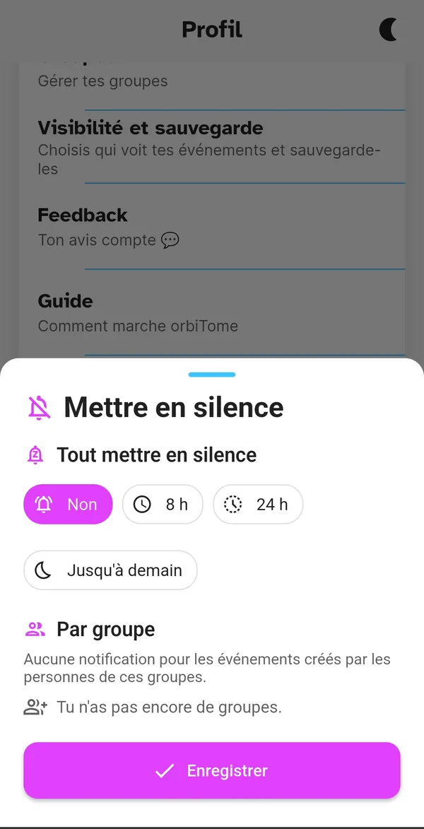 Panneau Couper les notifications avec les durées