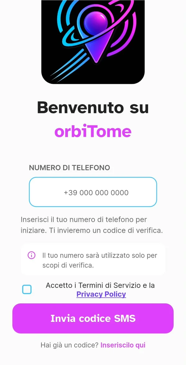Schermata di registrazione orbiTome con il campo del numero di telefono