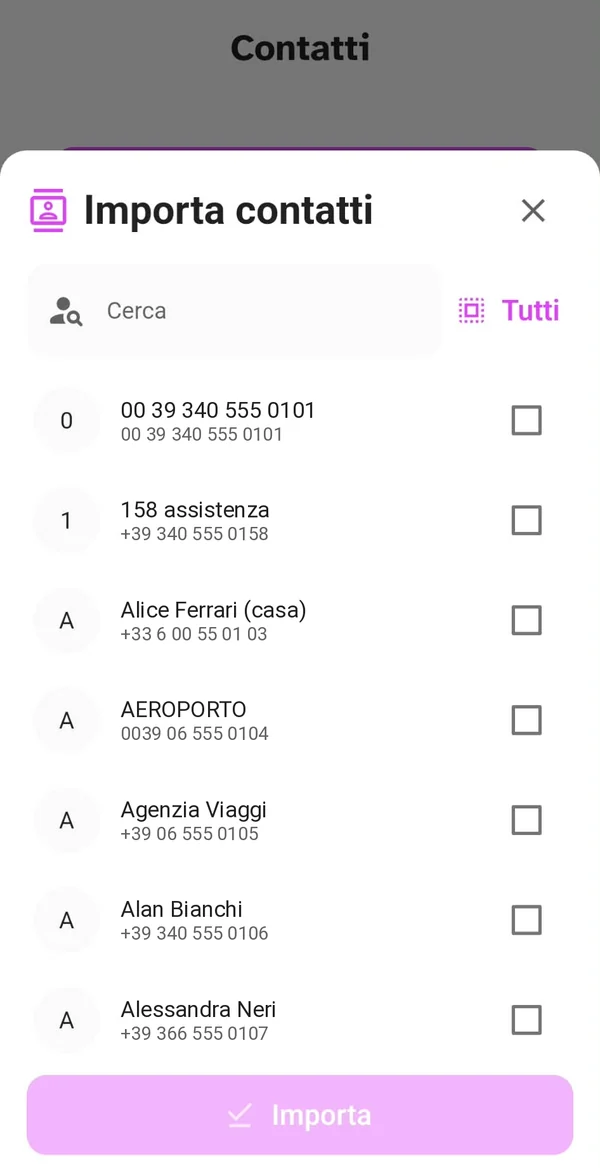 Finestra Importa contatti con la selezione dei contatti da importare