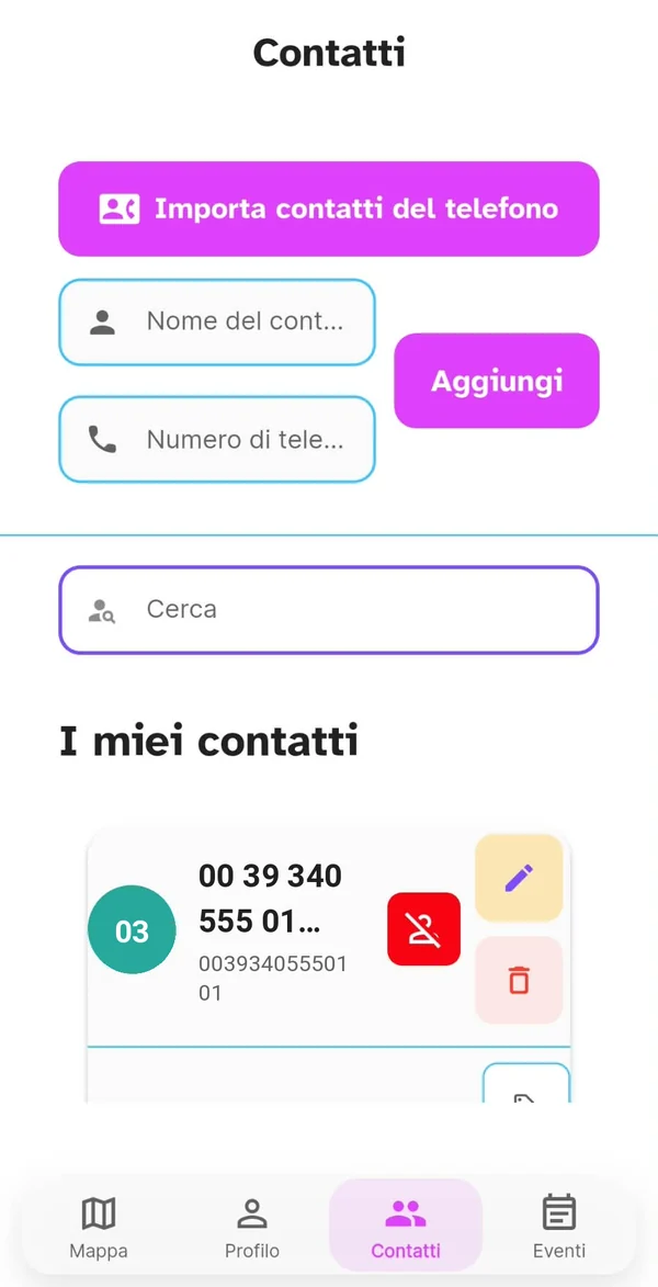 Pagina Contatti con la scheda di un contatto