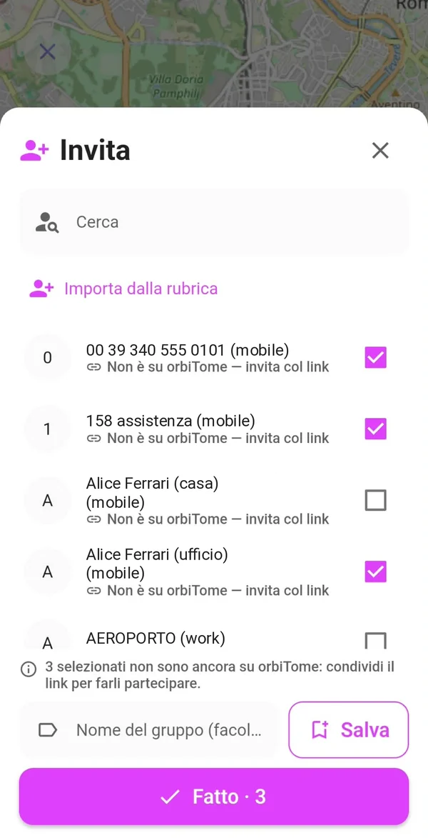 Finestra Invita con la lista dei contatti