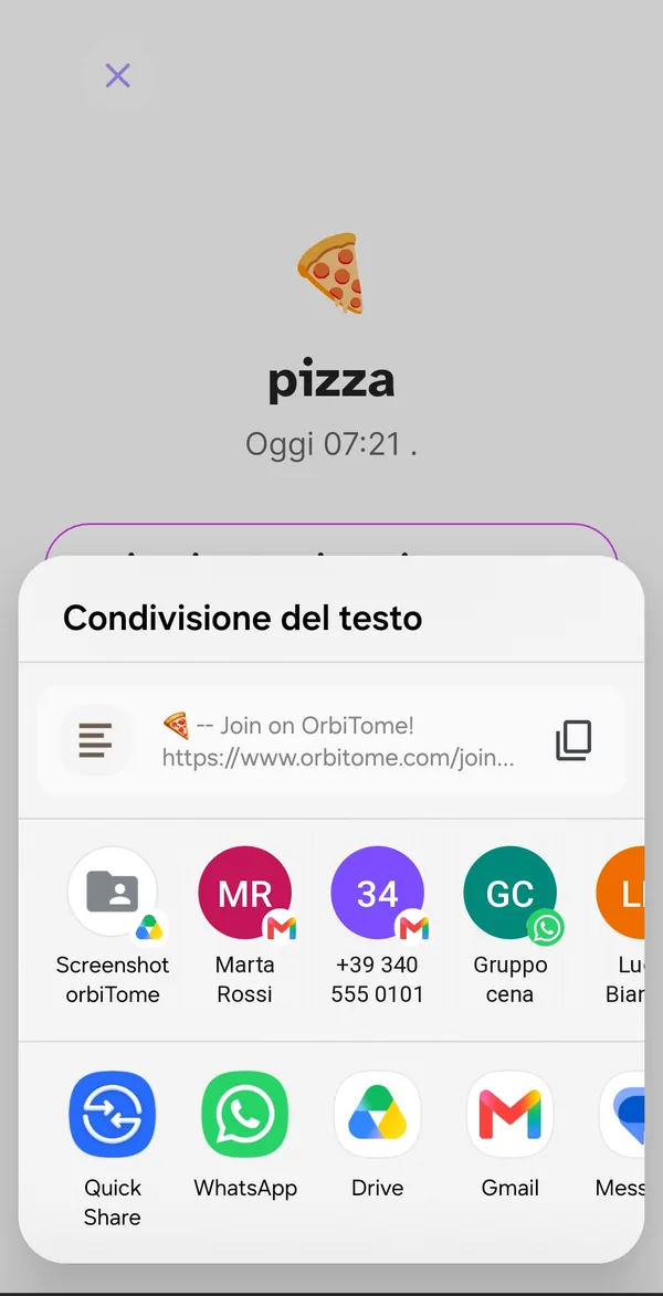 Foglio di condivisione del link dell’evento