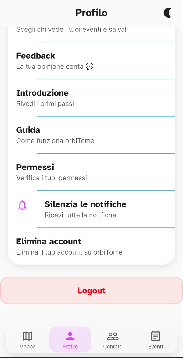 Voci del profilo: guida, permessi, notifiche, elimina account