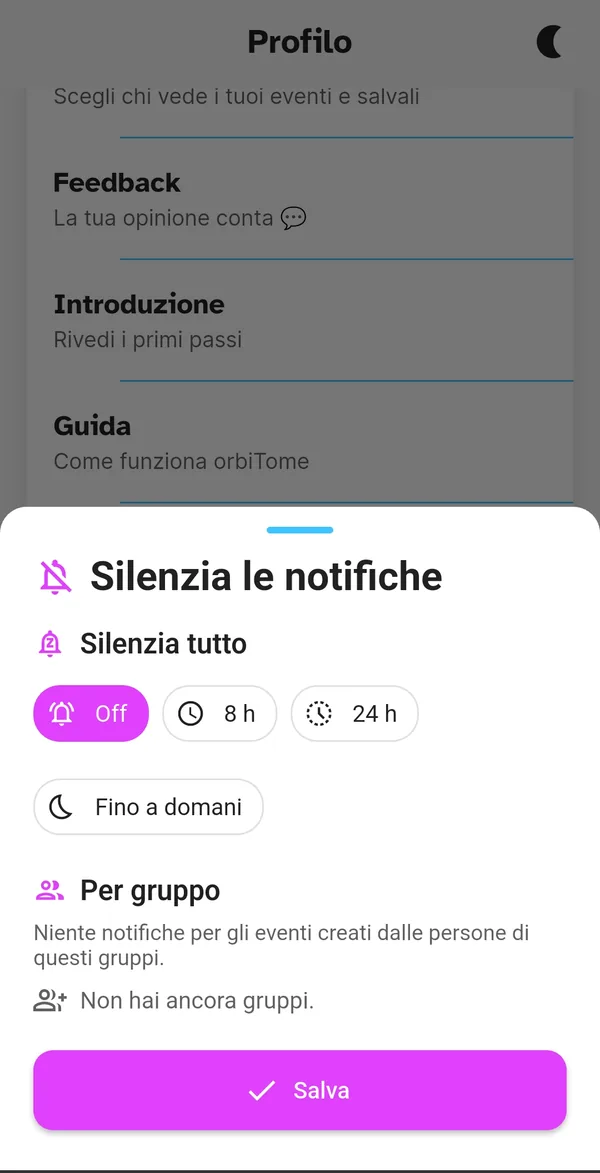 Pannello Silenzia le notifiche con le opzioni di durata