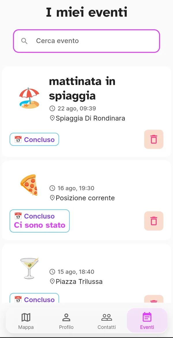 Pagina Eventi con gli eventi di oggi e quelli passati