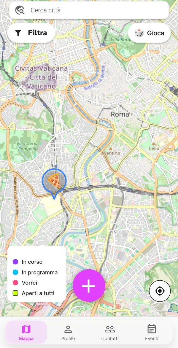 Schermata di orbiTome: la mappa con un evento, la legenda dei colori e il pulsante per crearne uno