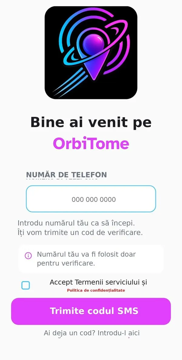 Ecranul de bun venit OrbiTome cu câmpul pentru număr