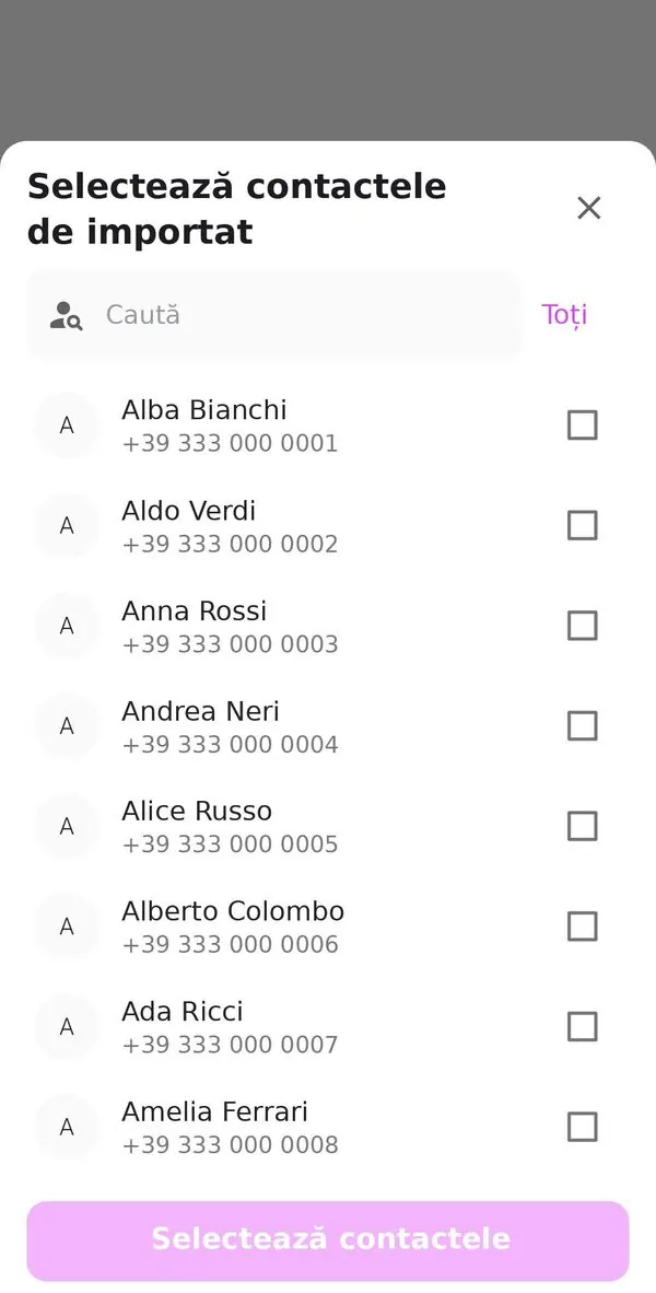 Selectarea contactelor de importat