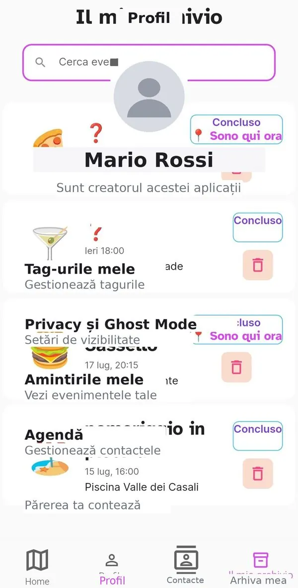 Pagina de profil cu meniul principal