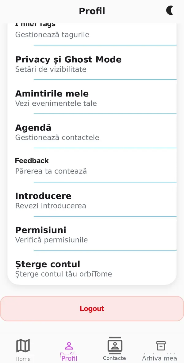 Meniul profilului cu permisiuni, introducere și ștergerea contului