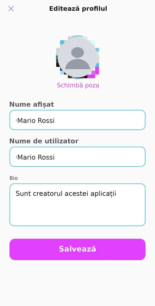 Editarea profilului cu nume, poză și bio