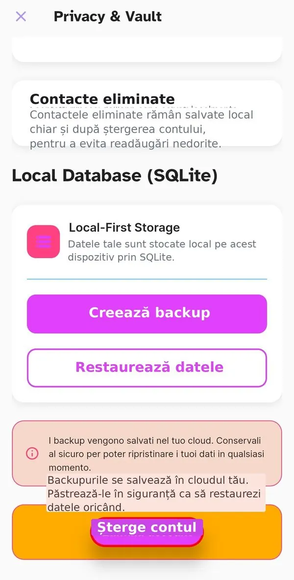 Secțiunea Local Database cu backup și restaurare