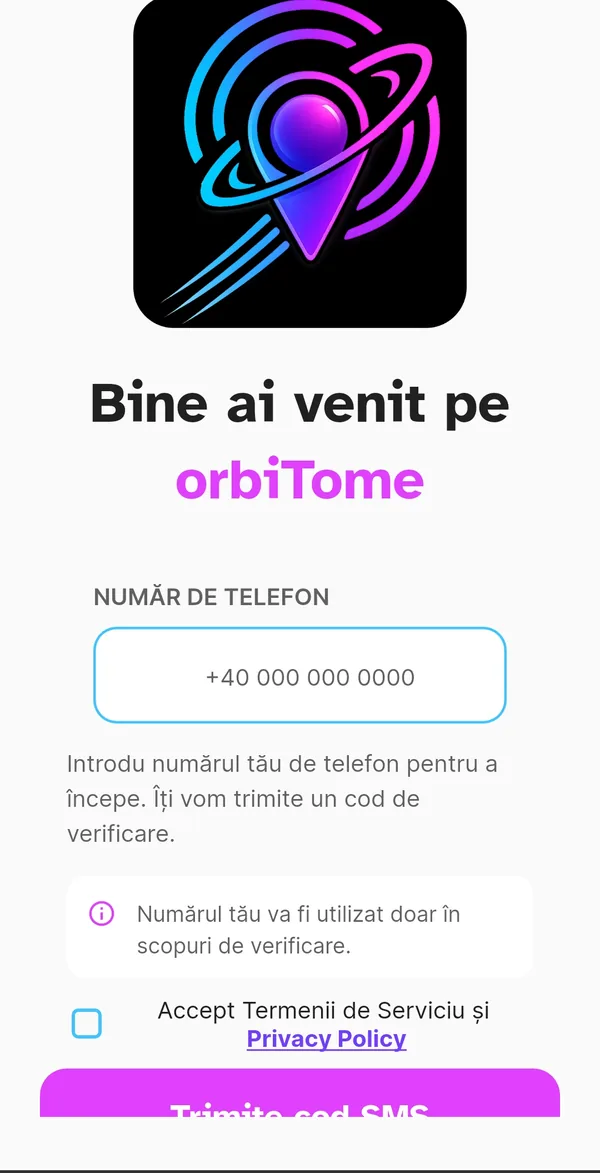Ecranul de înregistrare orbiTome cu câmpul pentru număr
