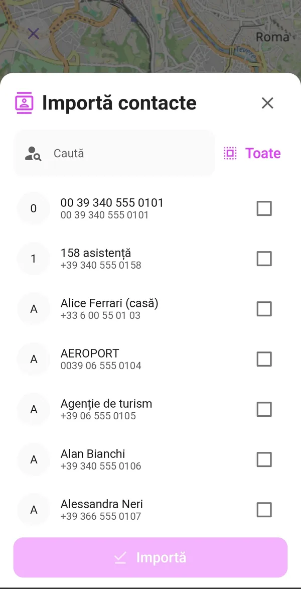 Fereastra Importă contacte cu selecția contactelor