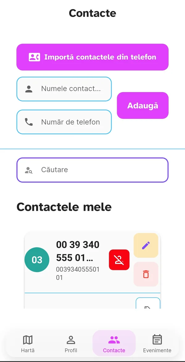 Pagina Contacte cu fișa unui contact