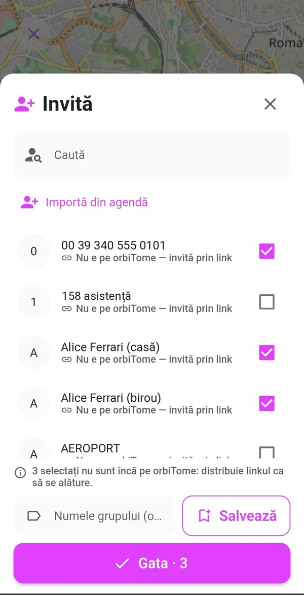 Fereastra Invită cu lista de contacte