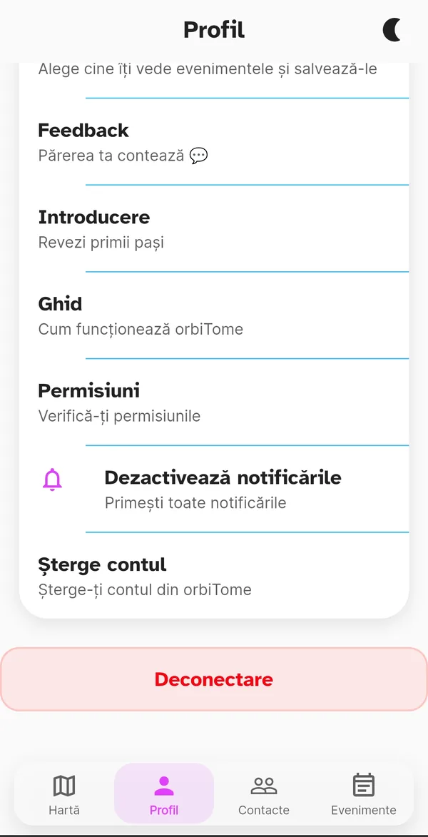 Opțiunile profilului: ghid, permisiuni, notificări, ștergerea contului