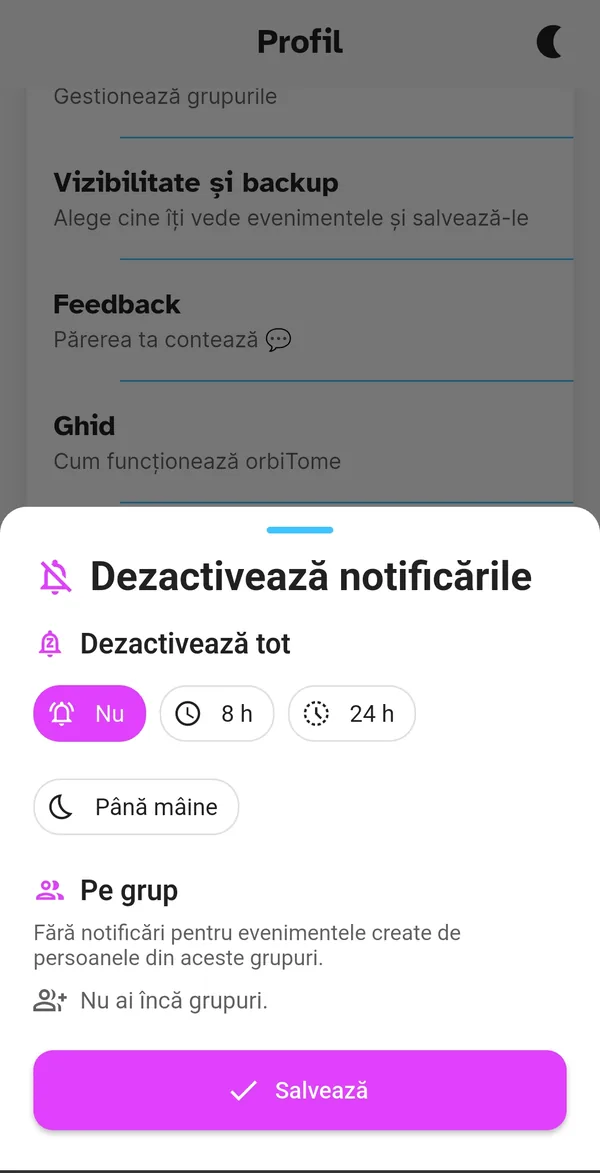 Panoul Dezactivează notificările cu opțiunile de durată