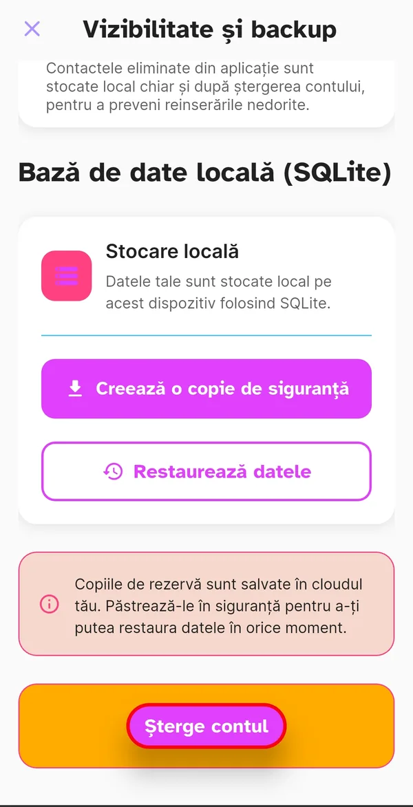 Vizibilitate și backup: baza de date locală și restaurarea